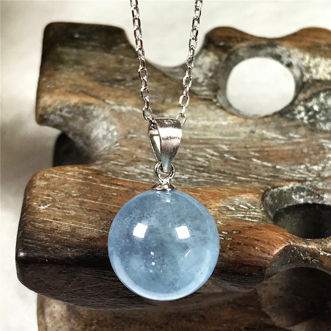 925 Sterling Silver Chain Necklace Men - 女性と男性のための天然ブルーアアマリンペンダント,ネックレス,ラウンドクリスタルビーズ,シルバージュエリー,aaa,13mm