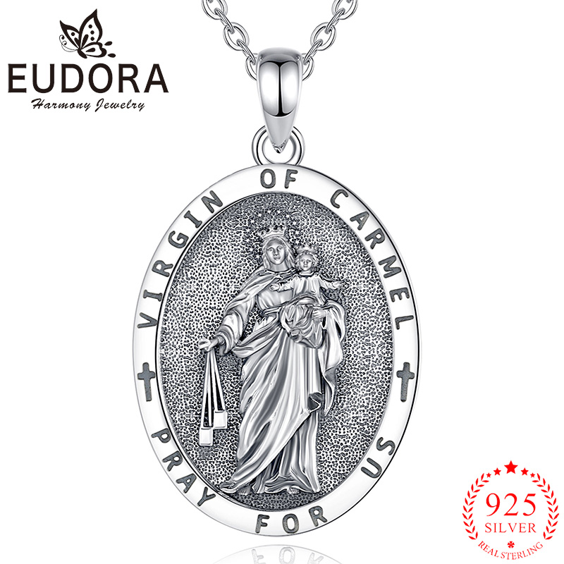 925 Sterling Silver Chain Necklace Men - Eudora 925 スターリングシルバーバージンカーメルネックレスお守りメダルカトリックペンダント保護ジュエリー宗教ギフト女性男性のための