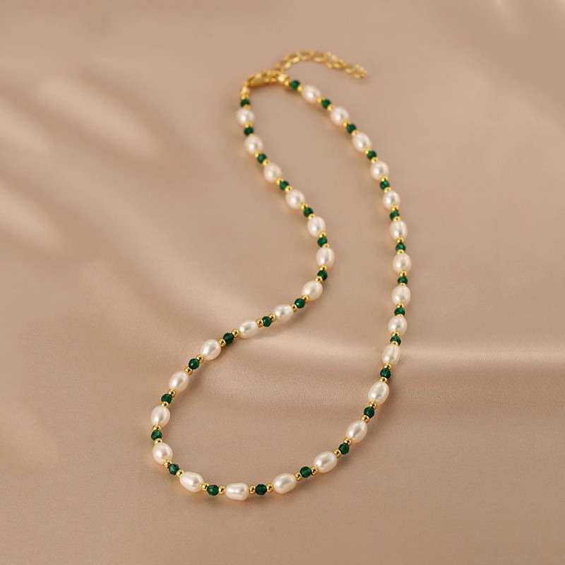 Pearl Choker Necklace Vintage - Minar 上品なグリーンカラーガラスビーズ淡水パールビーズネックレス女性用 14K リアルゴールドメッキ銅チョーカージュエリー