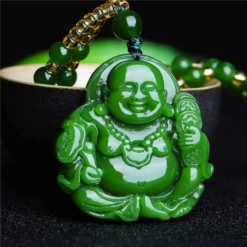 中国の緑のヒスイ弥勒仏ペンダントネックレスチャーム硬玉ジュエ - Necklaces のレビューと価格