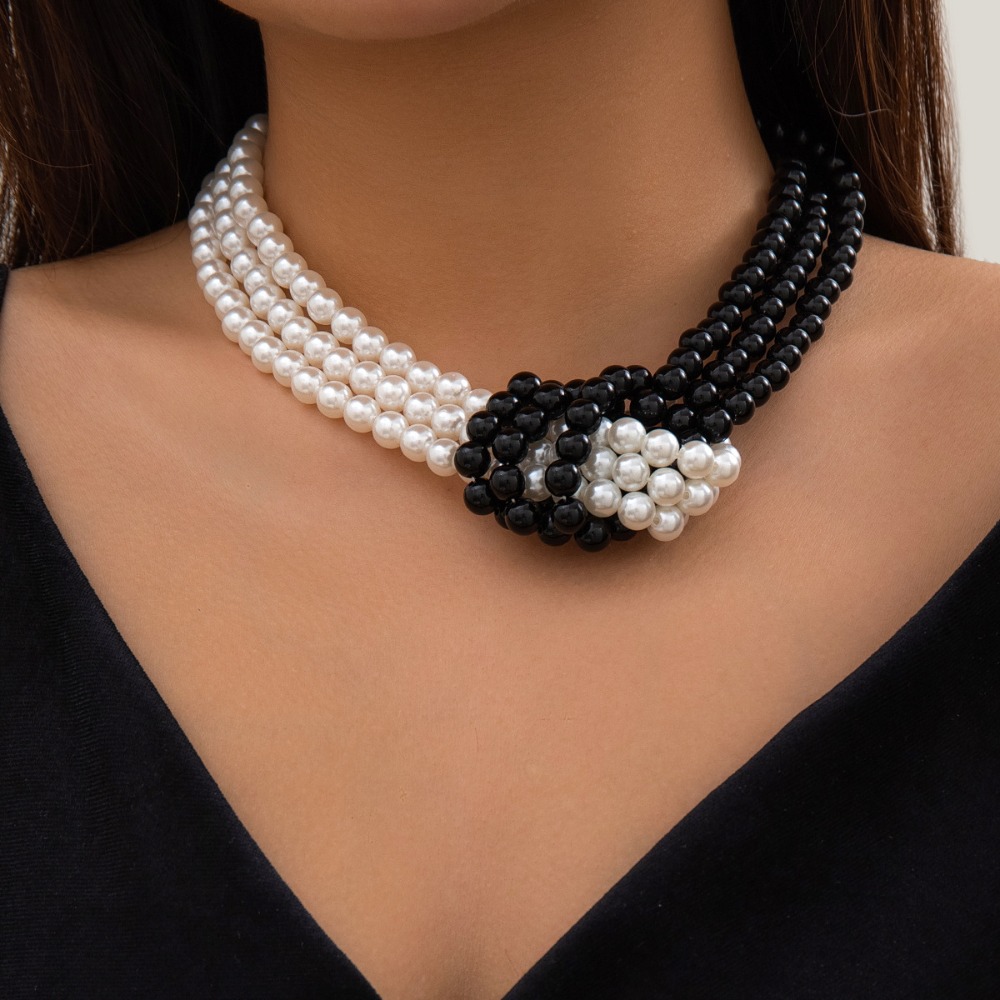 ファッションレトロ黒白ステッチノット多層模造パールビーズネッ - Pearl Choker Necklace Vintage のレビューと価格