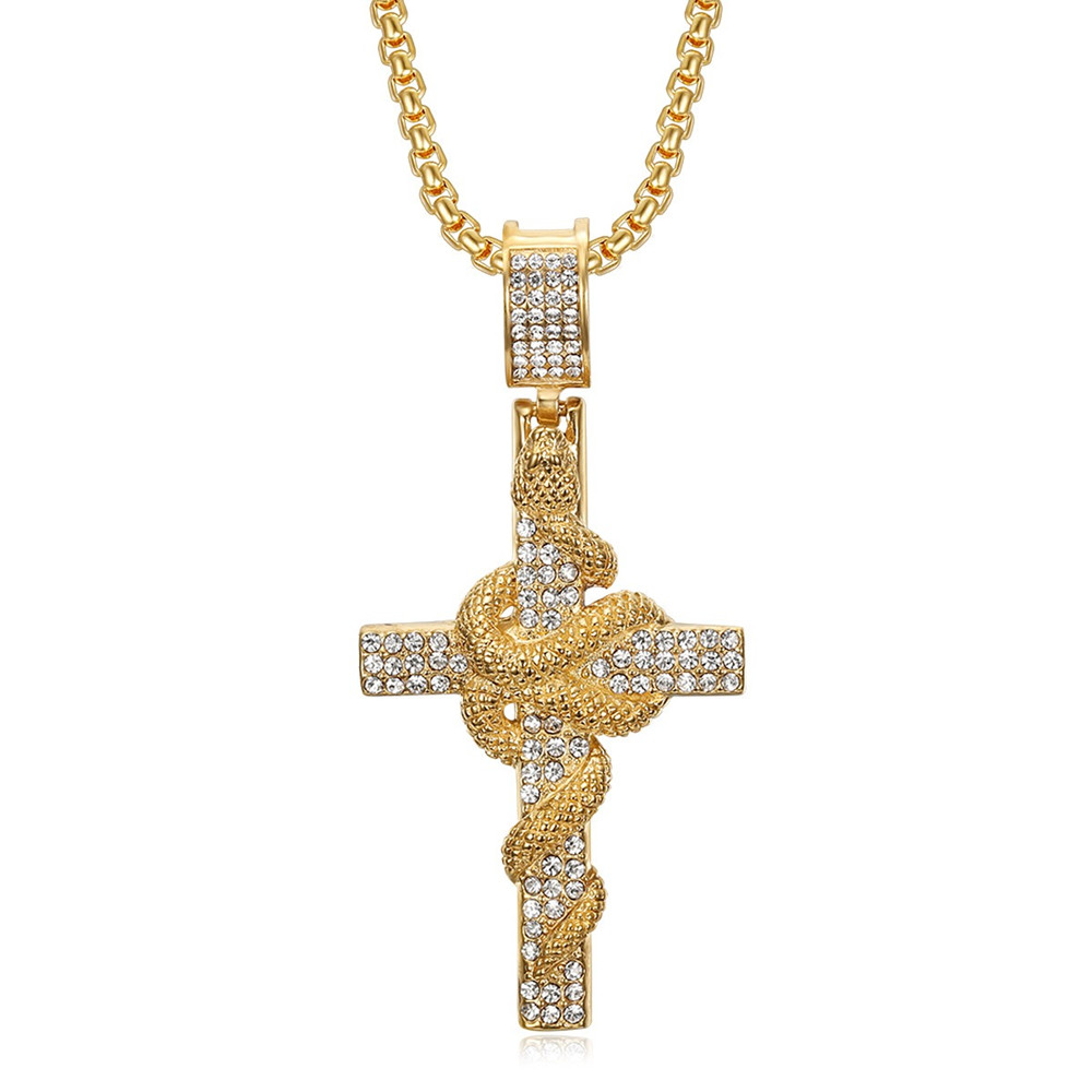 ヘビ模様の彫刻が施されたステンレス鋼のクロスペンダントネック - Cross Pendant Necklace Gold のレビューと価格