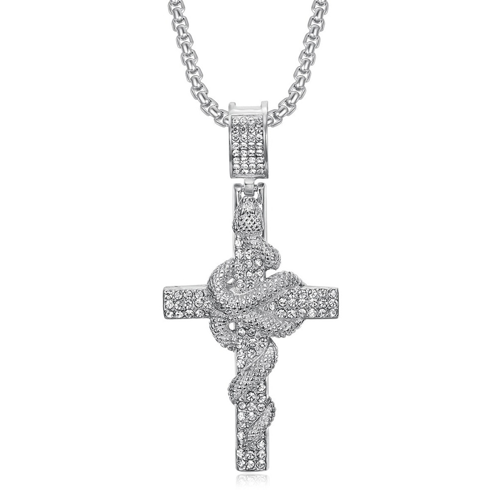 ヘビ模様の彫刻が施されたステンレス鋼のクロスペンダントネック - Cross Pendant Necklace Gold のレビューと価格