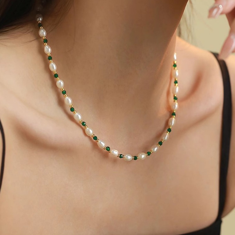Minar 上品なグリーンカラーガラスビーズ淡水パールビーズ - Pearl Choker Necklace Vintage のレビューと価格