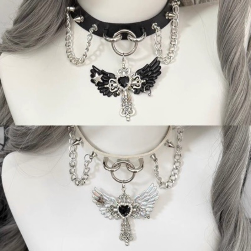 ゴシックサブカルチャー エンジェルウィングクロスペンダント  - Layered Pendant Necklace Aesthetic のレビューと価格